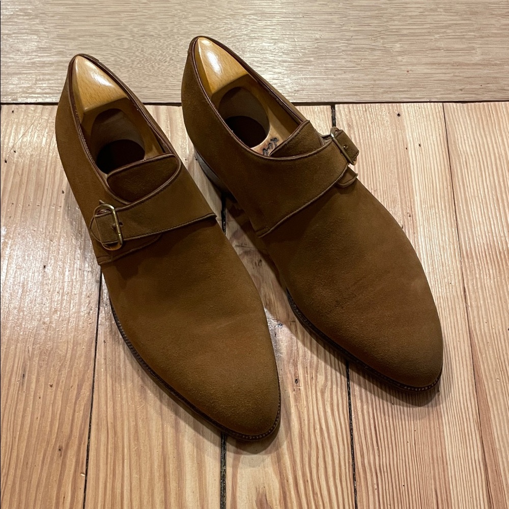 John Lobb Tan Suede Monk Strap Oxfords